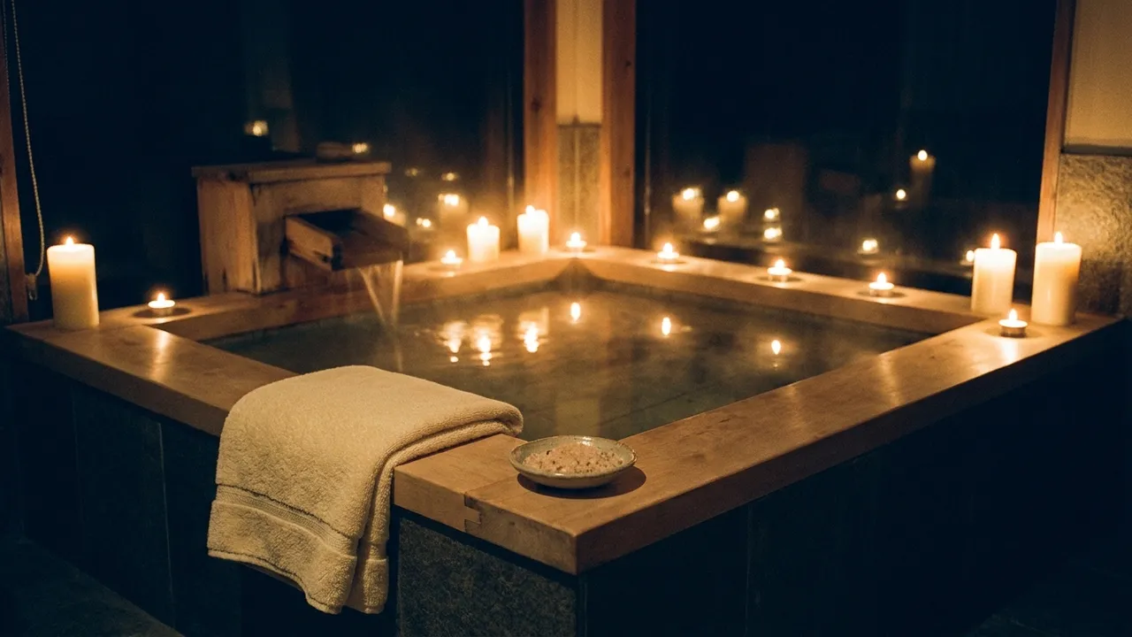 Candlelit bathroom at night with a steaming bathtub, golden candle flames reflected on the water