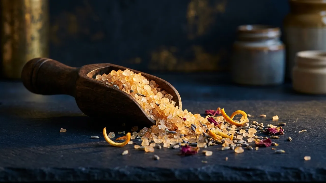 Mineral bath salt crystals spilling from a wooden scoop onto dark slate, with dried botanicals and citrus peel