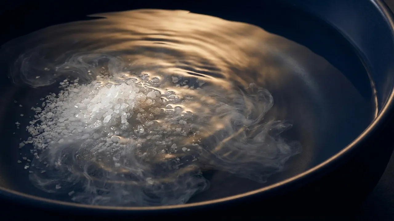 White magnesium salt crystals dissolving into warm bathwater, catching golden light against deep navy shadows